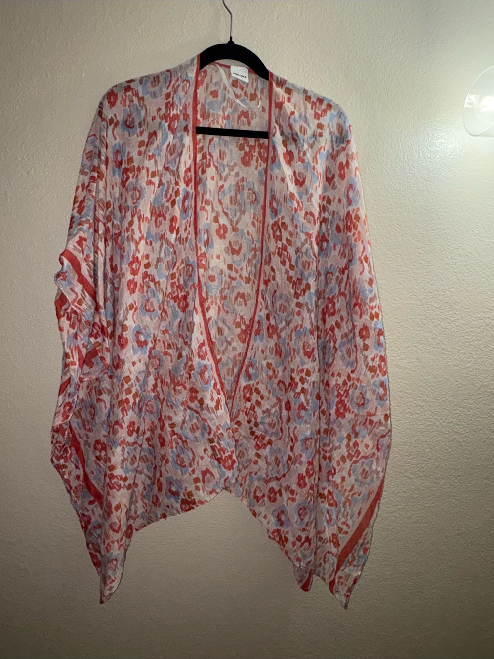 Sonoma Coral and Pale Blue Printed Open-Front Sweater Poncho